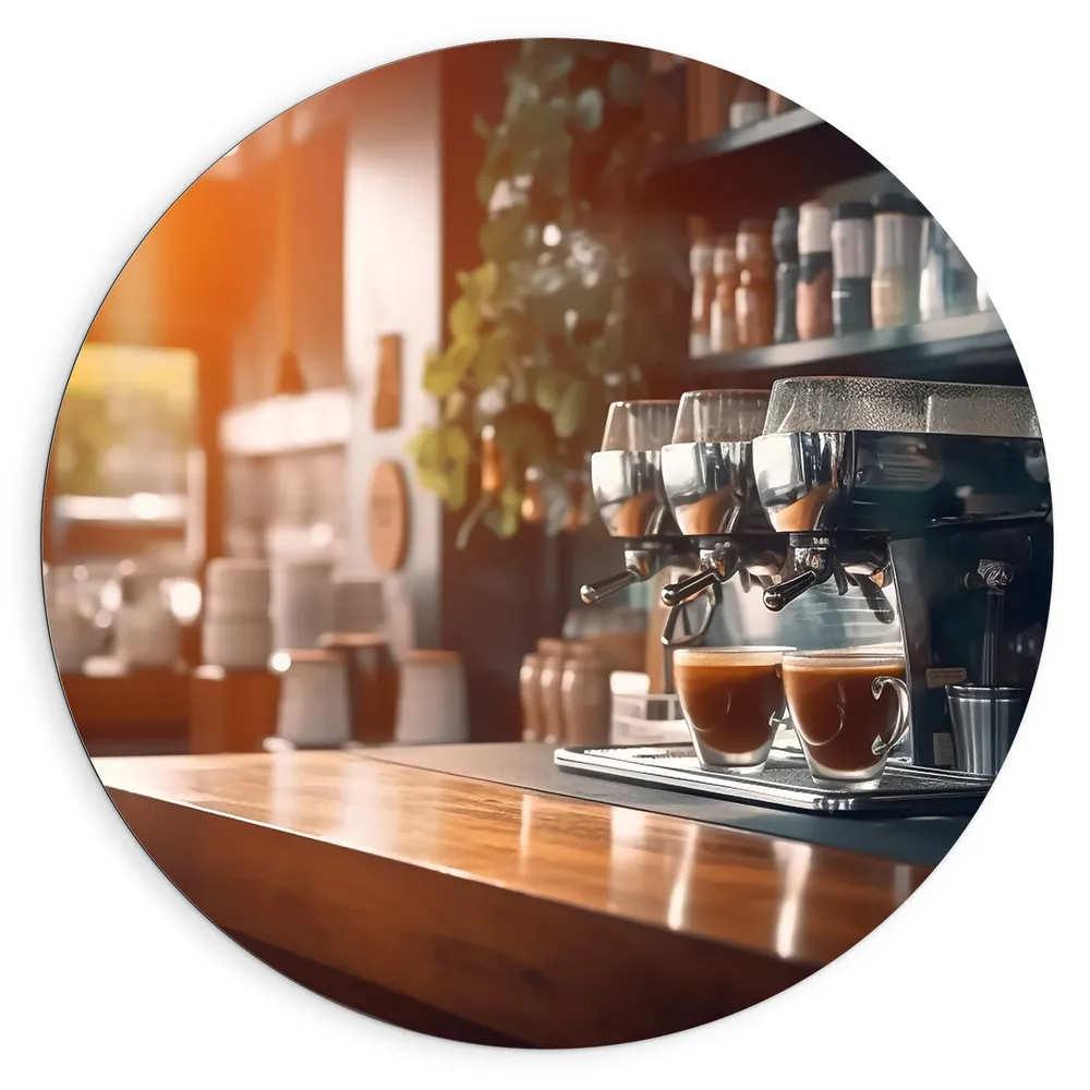 Dibond Muurcirkel - Koffie - Kopjes - apparaat - Tafel - Hout