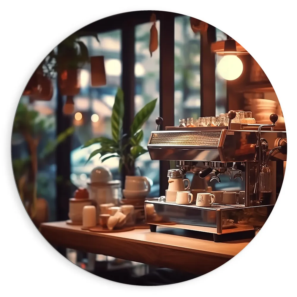 Dibond Muurcirkel - Koffie - Apparaat - Planten - Kopjes - Lamp