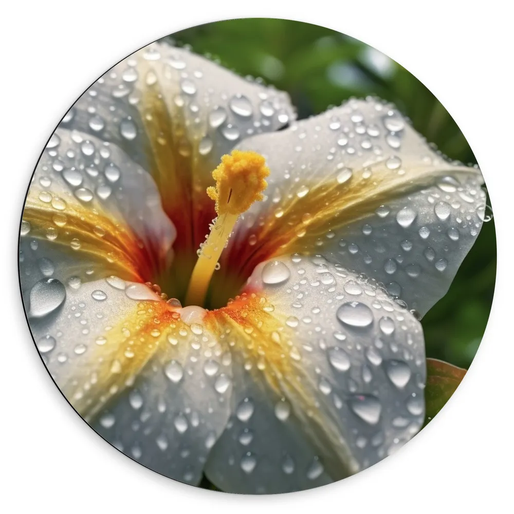 Dibond Muurcirkel - Bloem - Wit - Closeup - Druppels