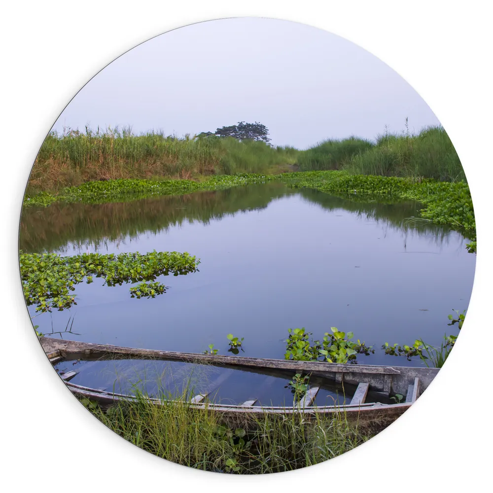 Dibond Muurcirkel - Water - Boot - Hout - Gras - Planten