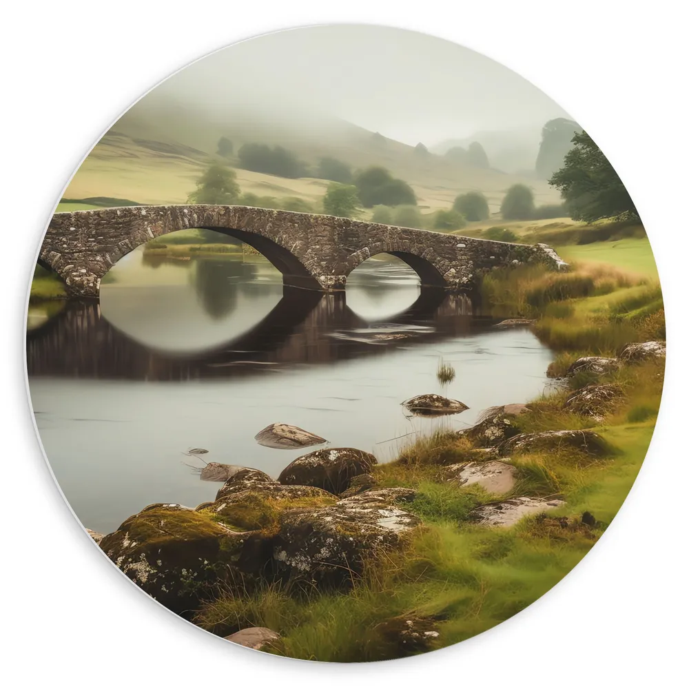 Dibond Muurcirkel - Water - Brug - Gras - Stenen - Landschap - Bomen - Berg