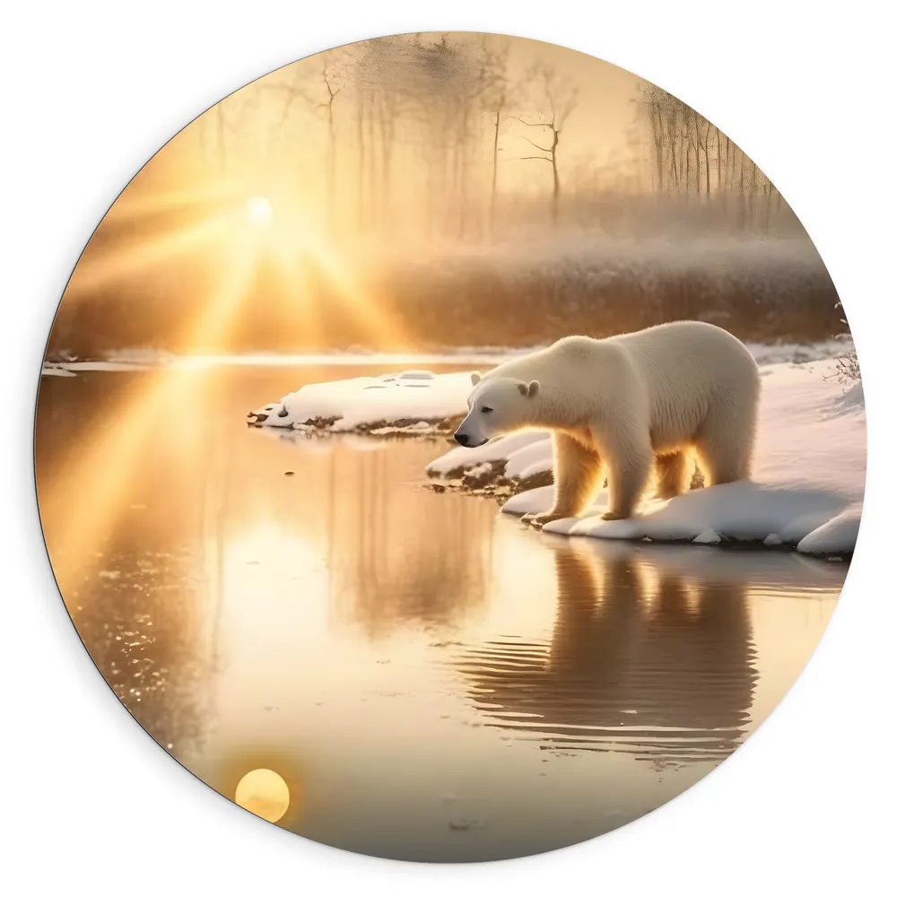 Dibond Muurcirkel - IJsbeer bij Beekje in Sneeuw Landschap met Zonsondergang