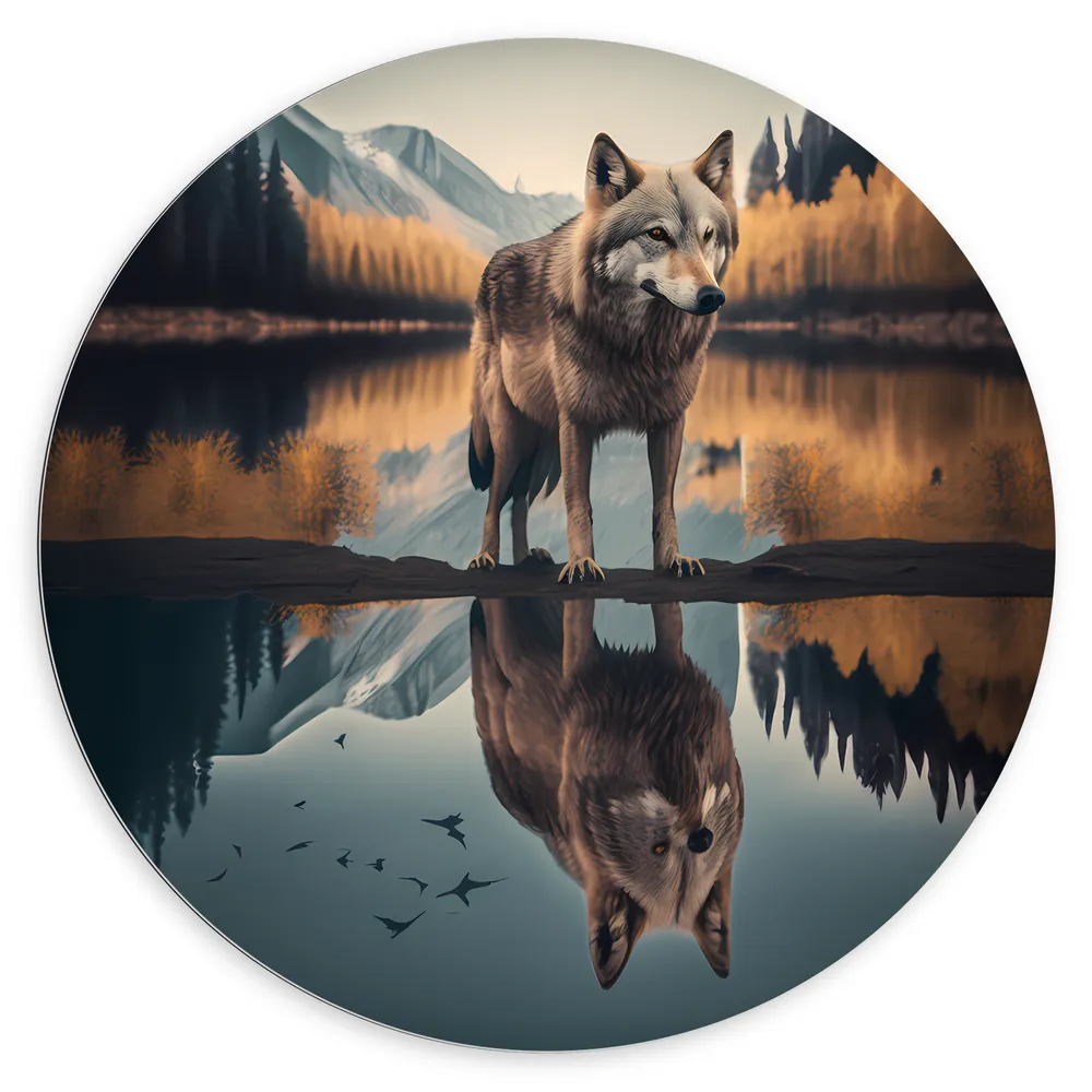 Dibond Muurcirkel - Wolf in Landschap met Weerspiegeling in het Water