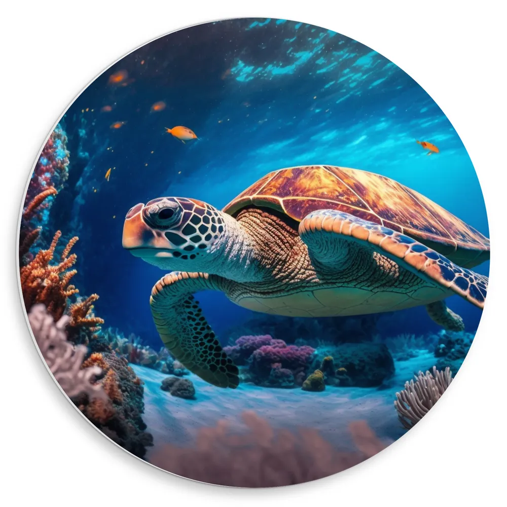 Dibond Muurcirkel - Grote Zeeschildpad Zwemmend bij Koraal op de bomen van de Zee