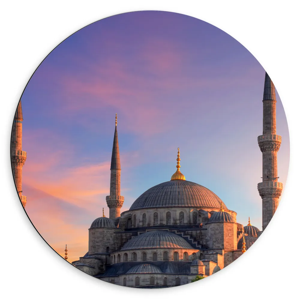 Dibond Muurcirkel - Prachtige Stenen Moskee onder de Turkse Zonsondergang