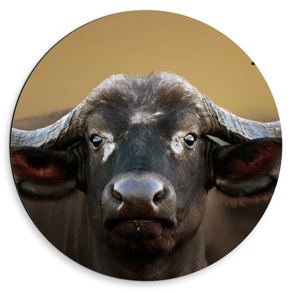 Dibond Muurcirkel - Portret van Kop van Buffalo met Krulvormige Horens