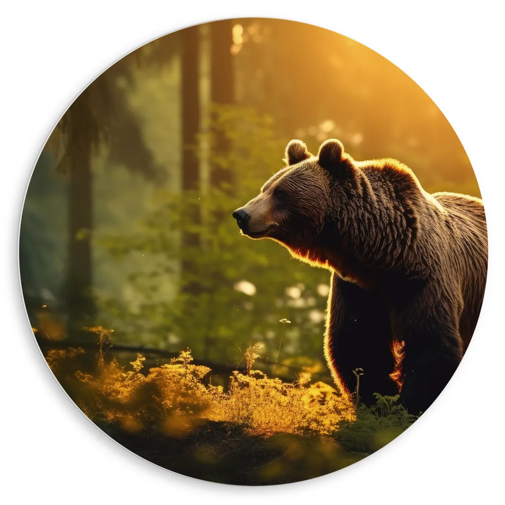 Dibond Muurcirkel - Bruine Beer Sluipend door het Bos vol Zonnestralen