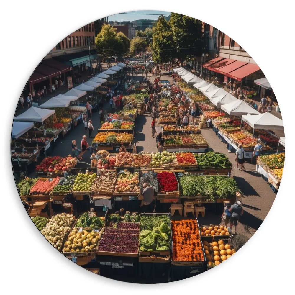 Dibond Muurcirkel - Markt - Eten - Groente - Fruit - Mensen- Kraampjes