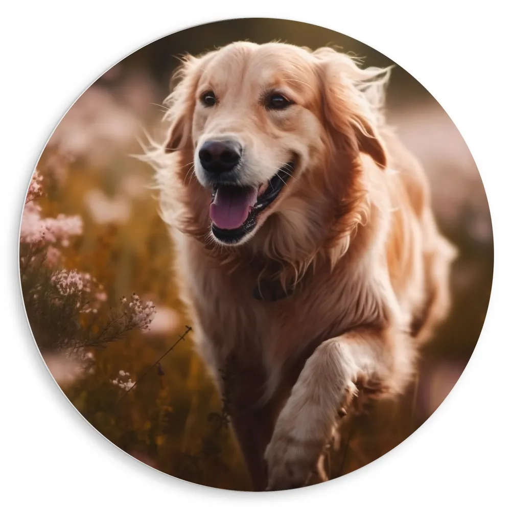 Dibond Muurcirkel - Goldenretriever rent door bloemenveld heen