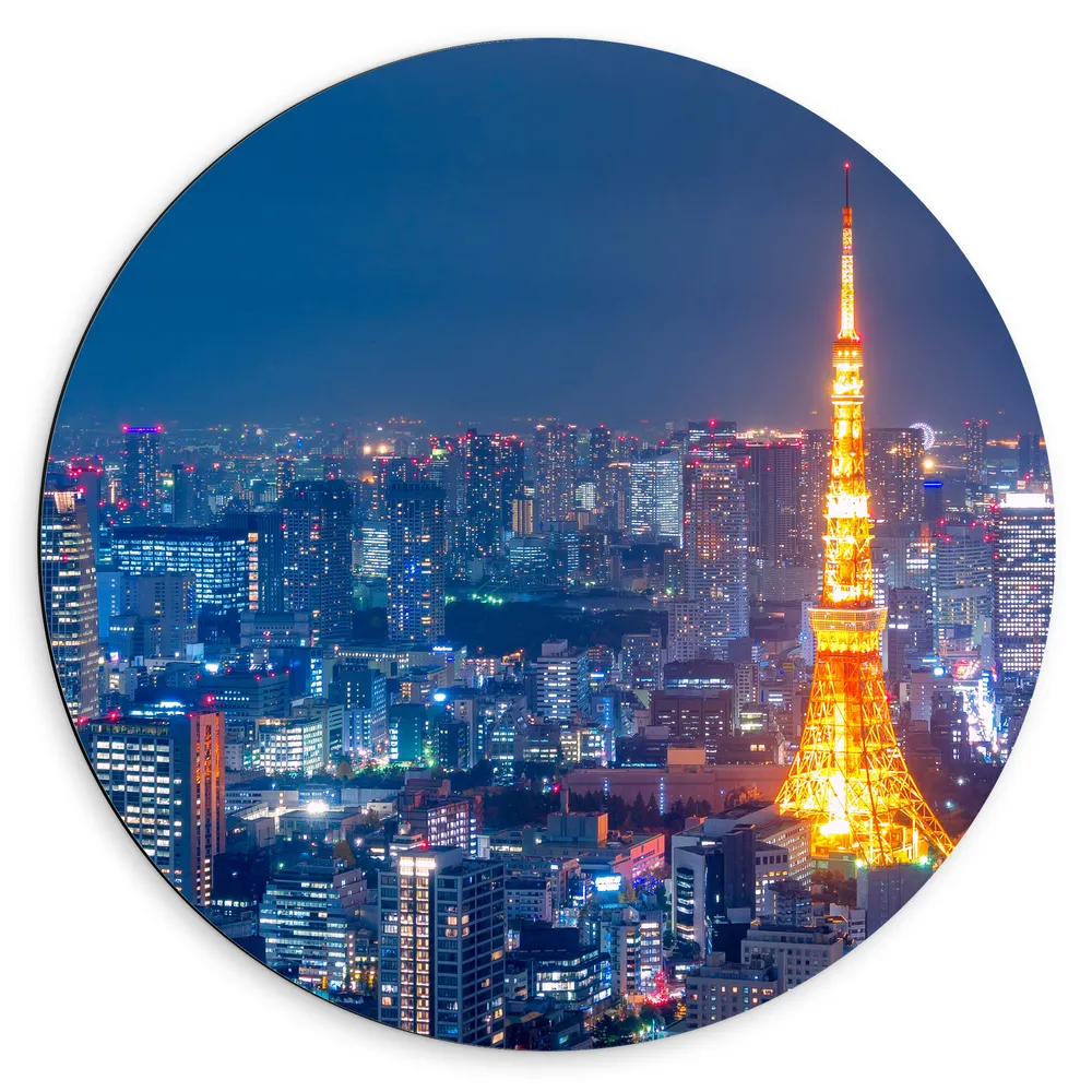Dibond Muurcirkel - Skyline in Tokio met Verlichte Tokiotoren