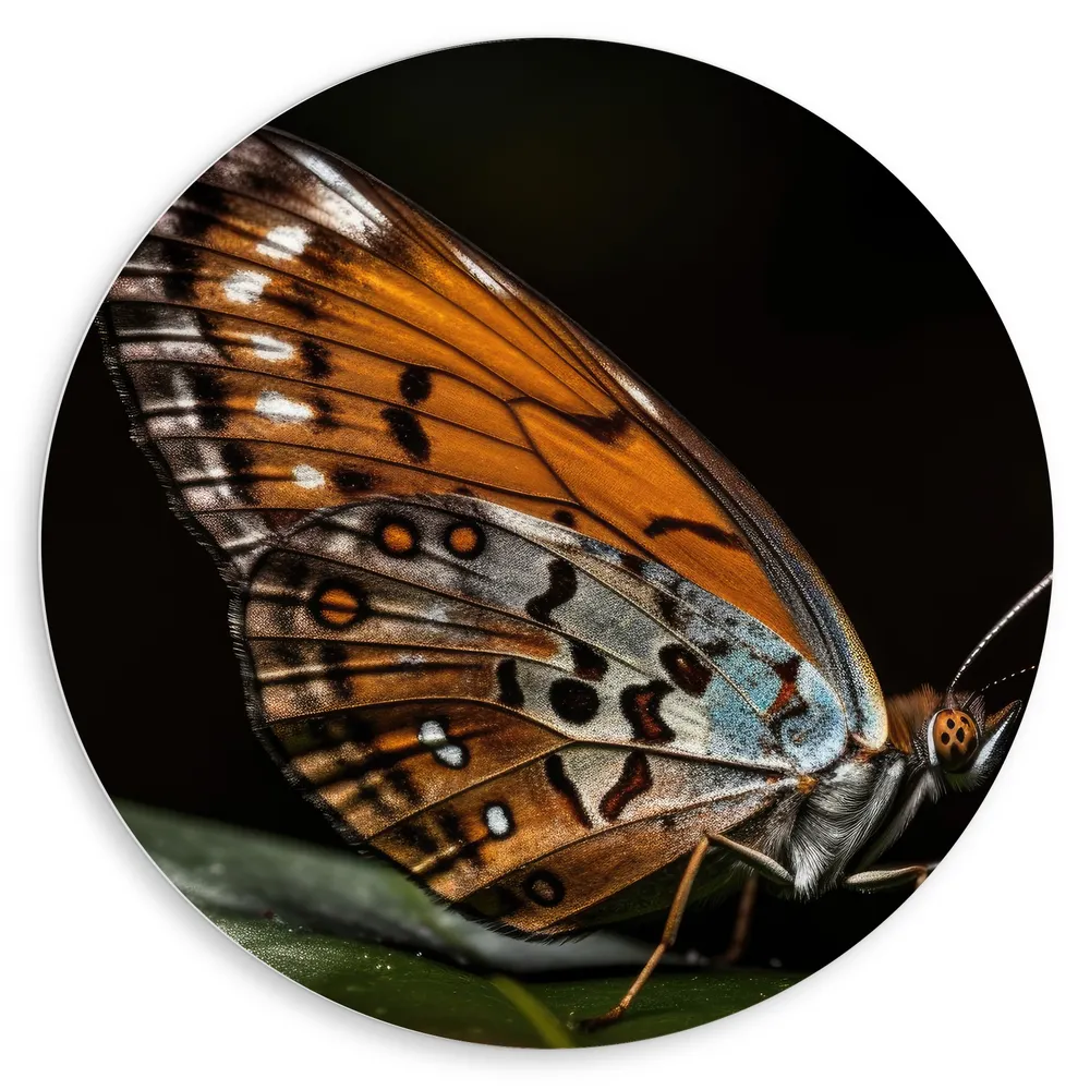 Dibond Muurcirkel - Acraea vlinder zit op groen blad met zwarte achtergrond