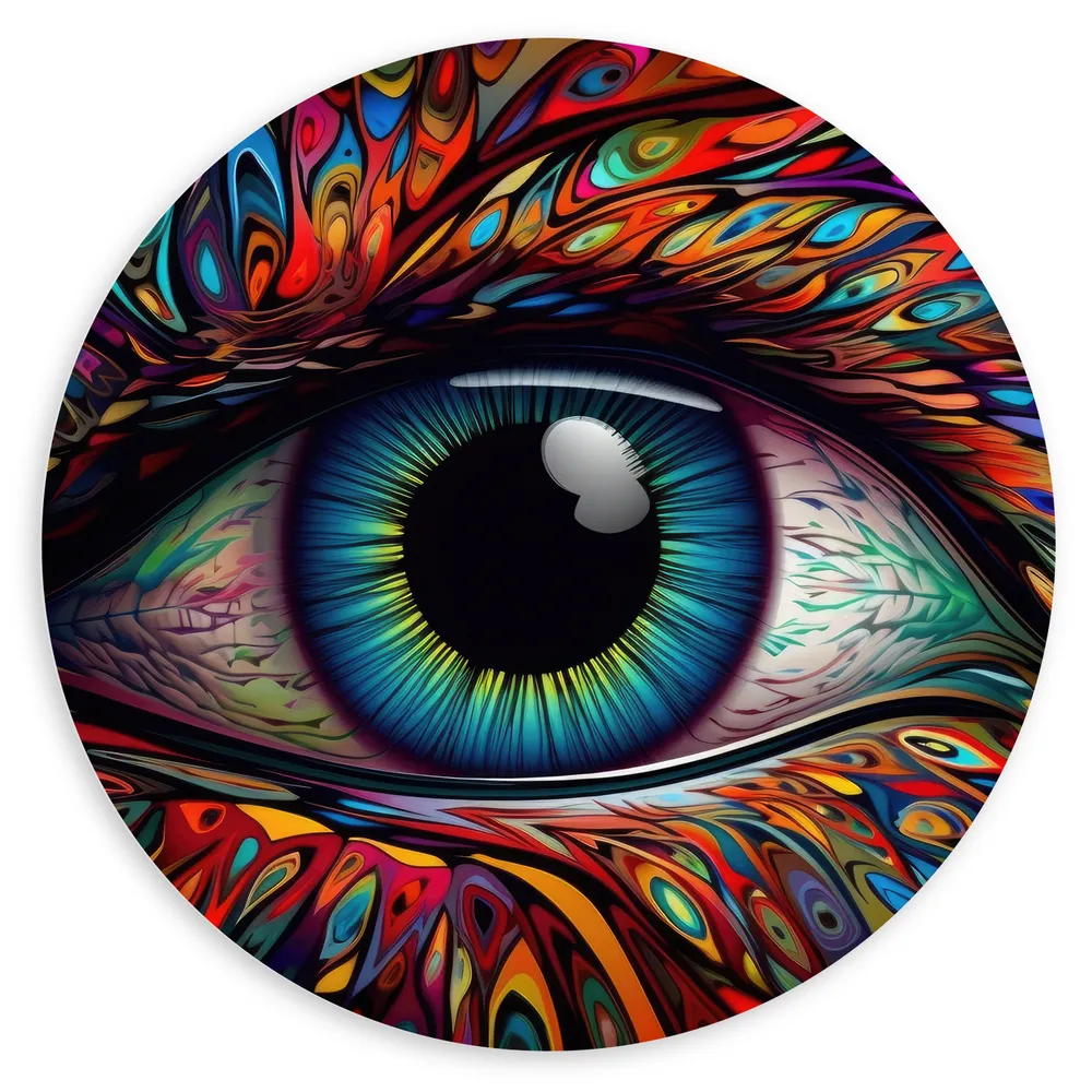 Dibond Muurcirkel - Schilderij van Blauw oog op Kleurrijk Gezicht met Patronen