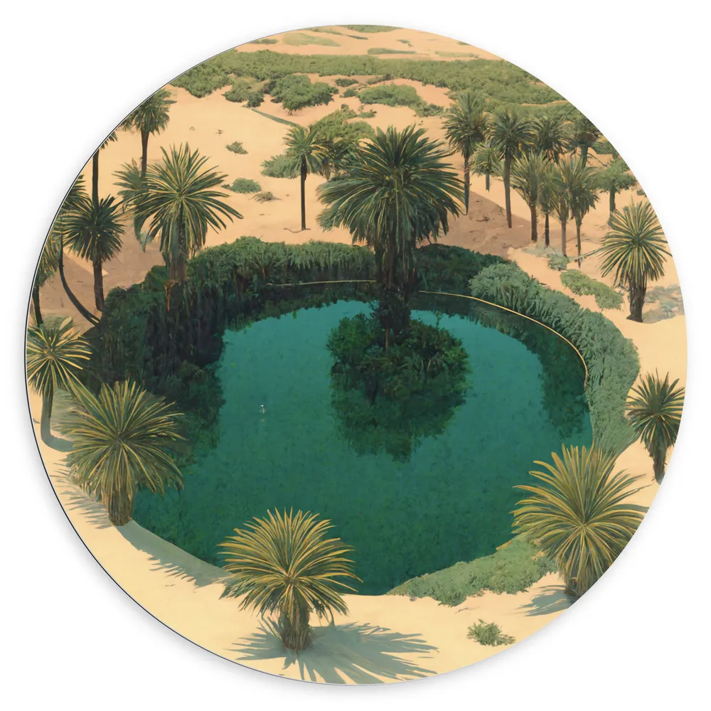 Dibond Muurcirkel - Schilderij - Kunst - Verven - Water - landschap - Palmbomen - Zand