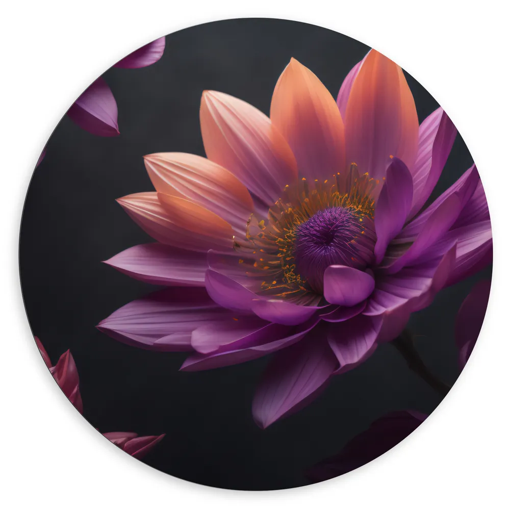 Dibond Muurcirkel - Paars roze Dahlia Bloemen met zwarte achtergrond