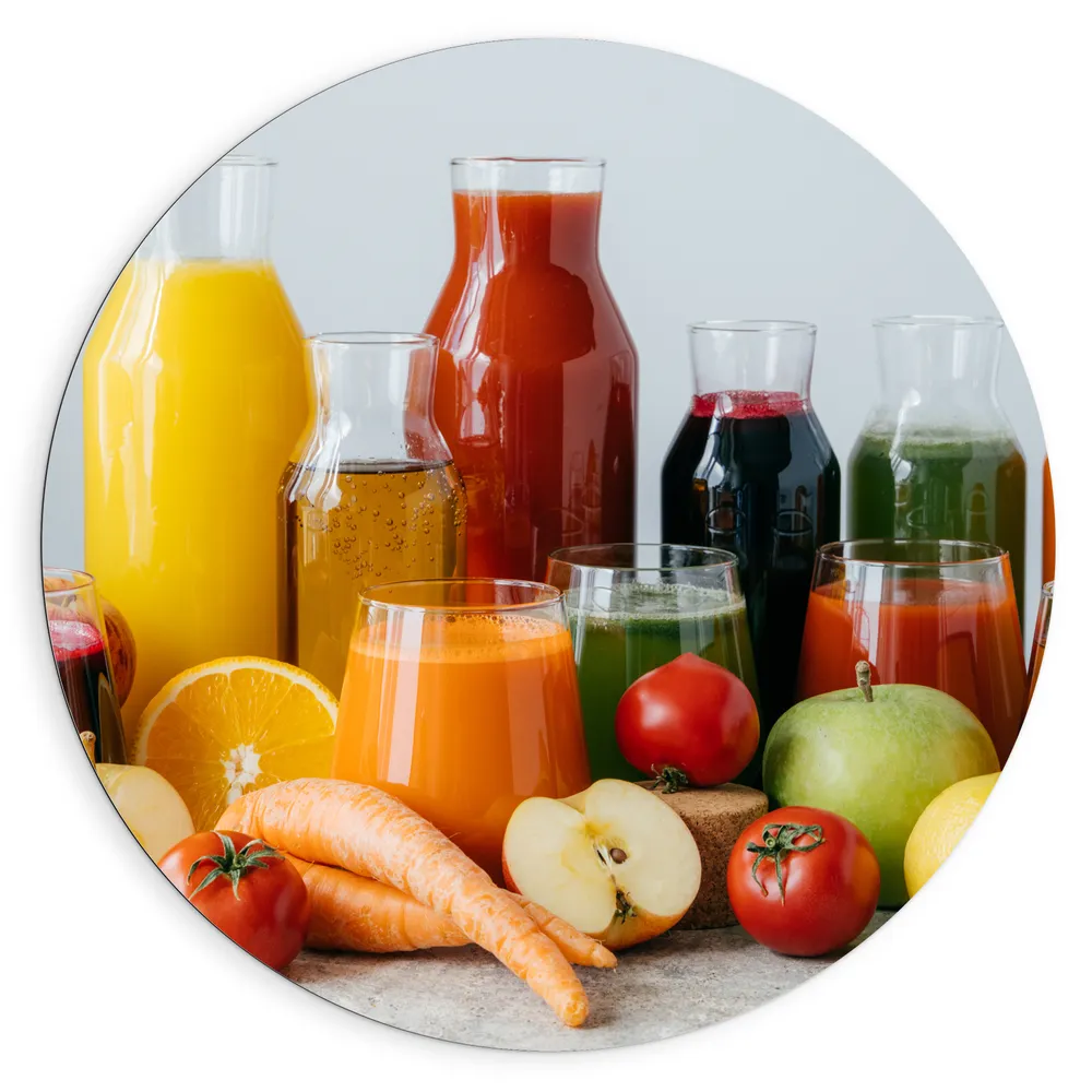 Dibond Muurcirkel - Eten - Fruit - Glazen - Flessen - Kleuren