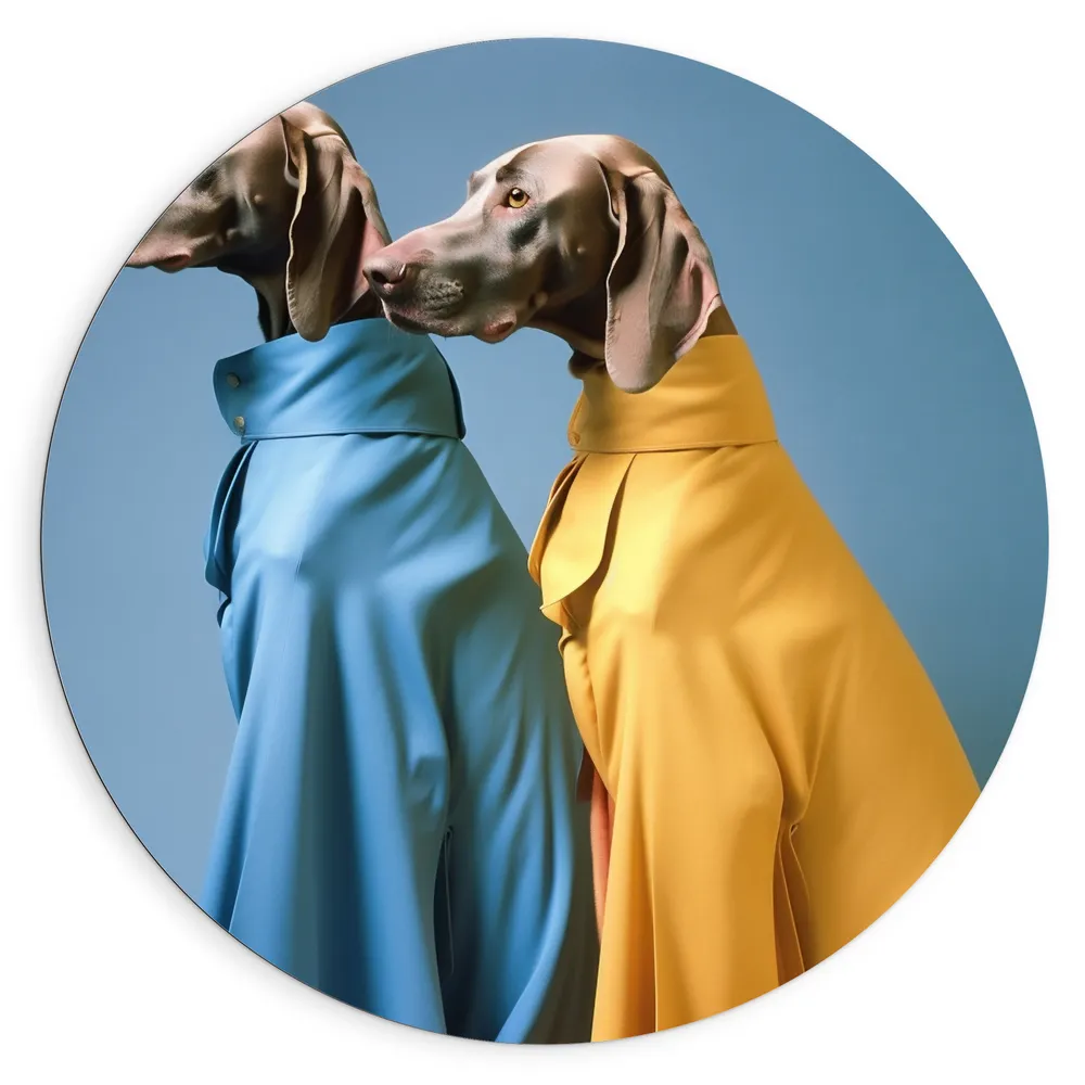 Dibond Muurcirkel - Twee Duitse Dog Honden in Gele en Blauwe Overhemden