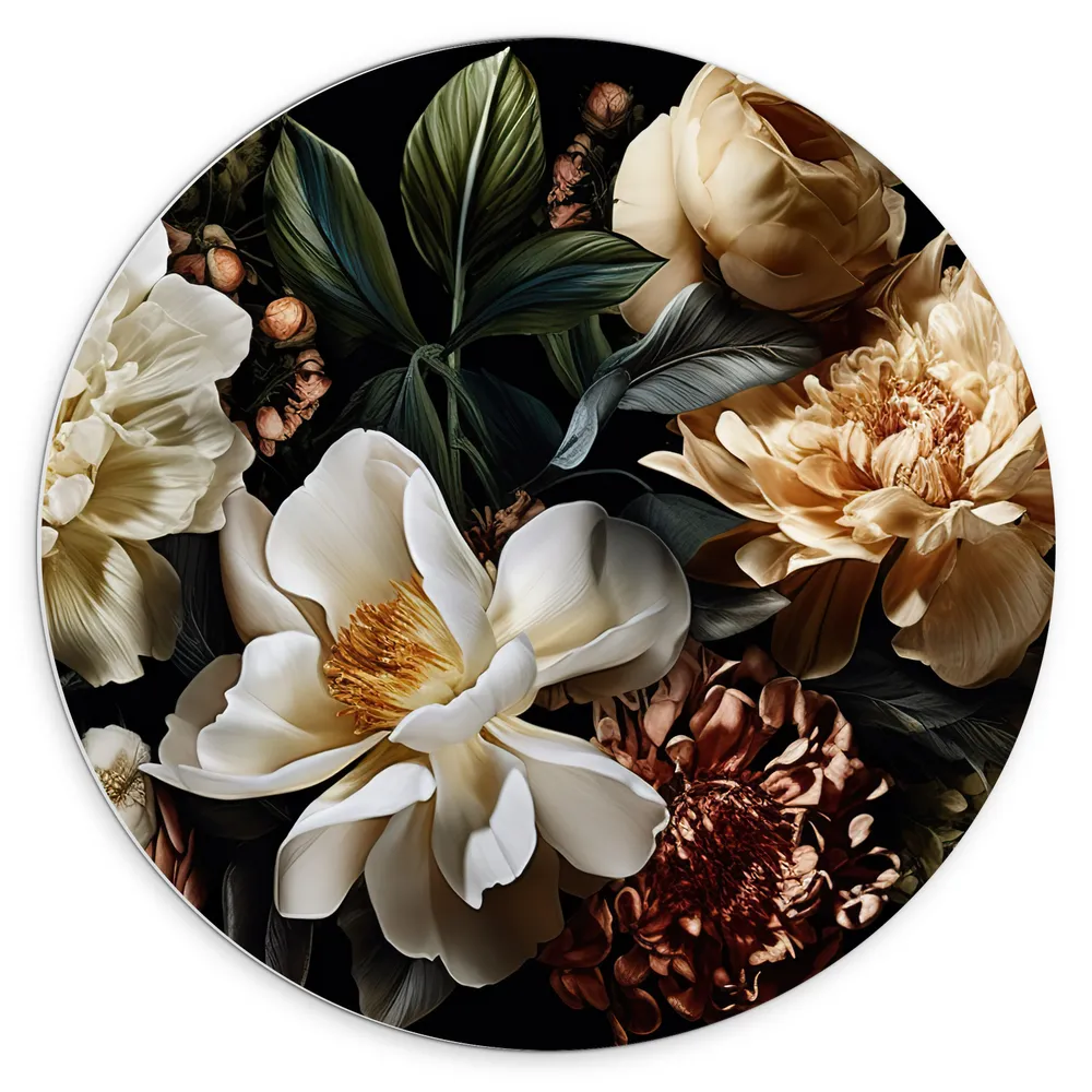 Dibond Muurcirkel - Bloemen - Kleuren - Bladeren - Boeket