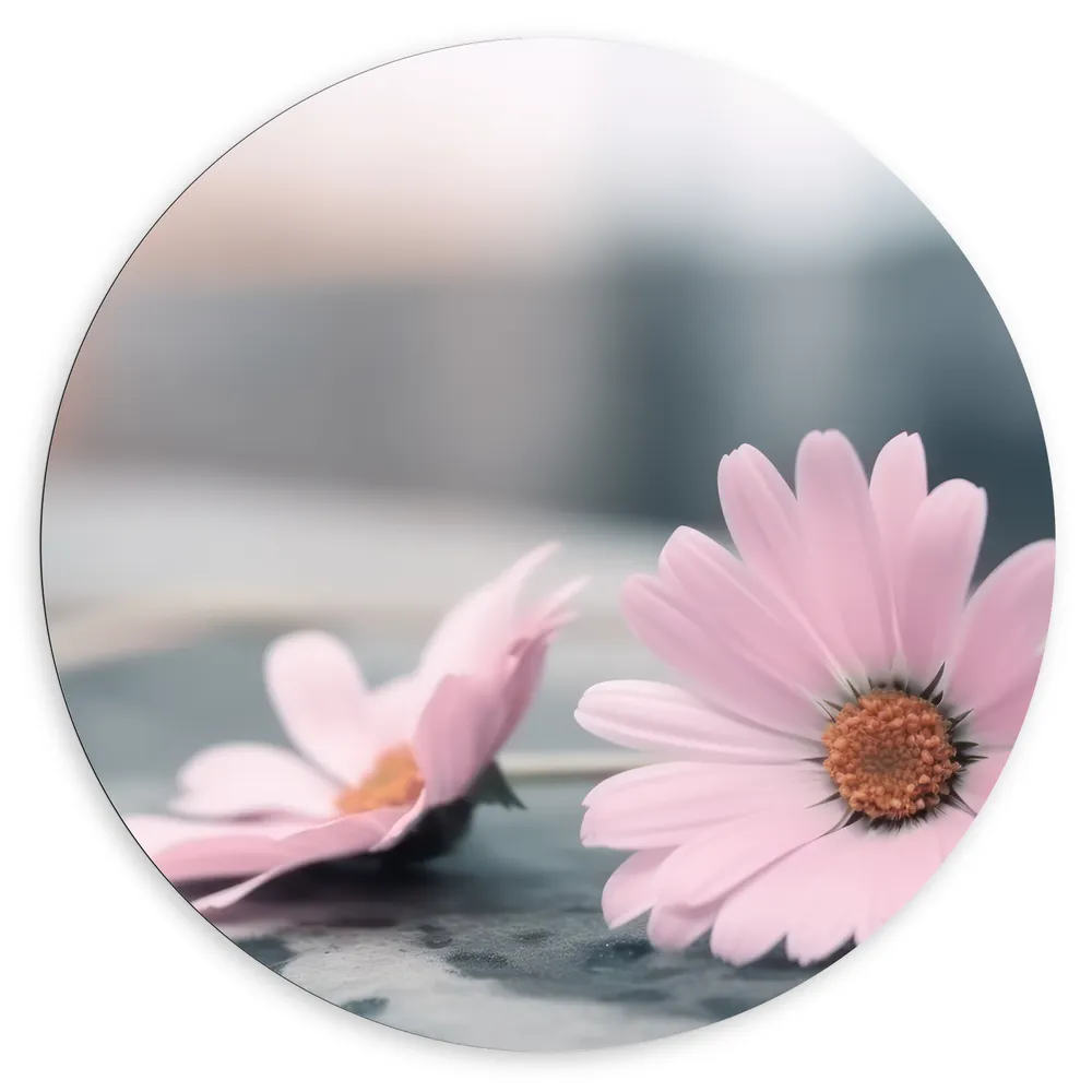 Dibond Muurcirkel - Licht Roze Madeliefjes Liggend op Ijs - Bloemen