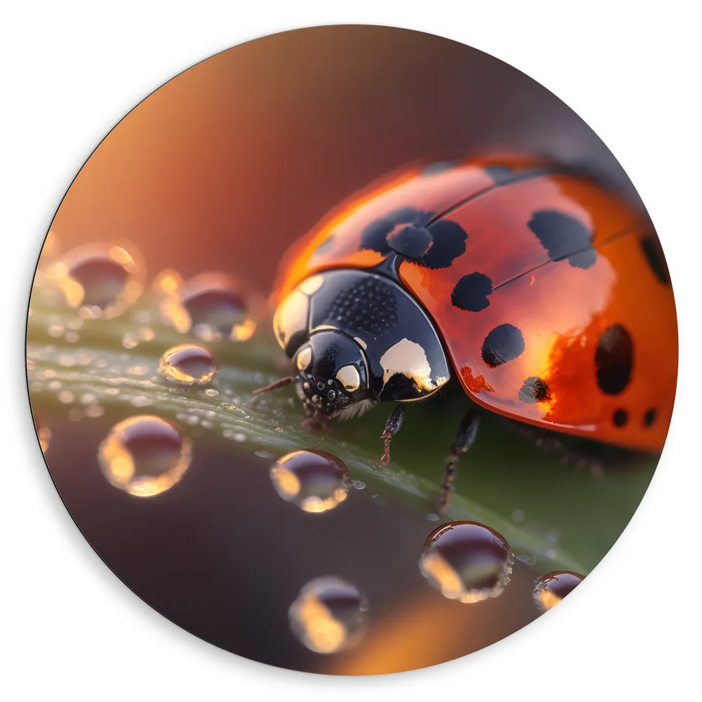 Dibond Muurcirkel - Lieveheerstbeestje zit op blad dat is bedekt met waterdruppels