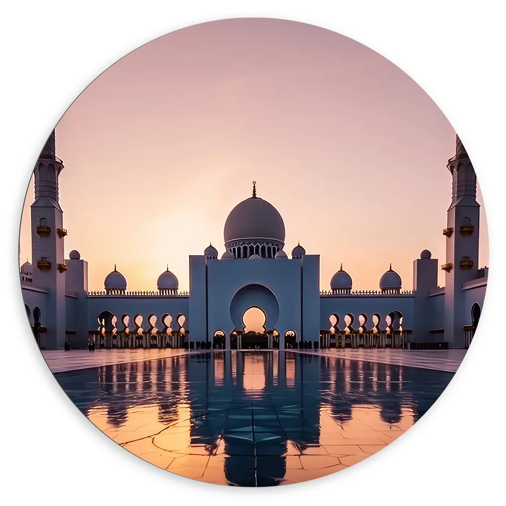 Dibond Muurcirkel - Zon Zakkend achter Sjeik Zayed Moskee in Abu Dhabi, Verenigde Arabische Emiraten