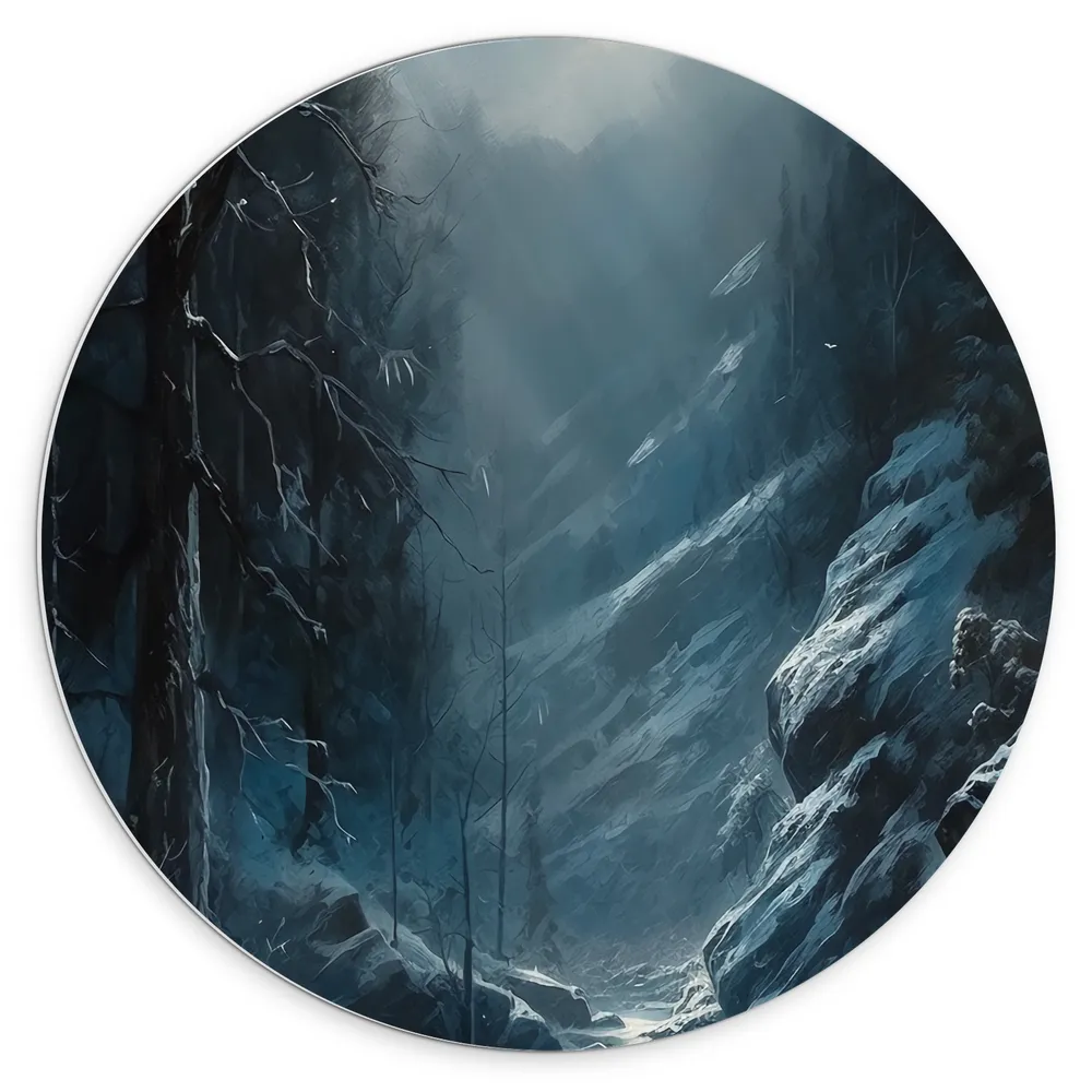 Dibond Muurcirkel - Water - Sneeuw - Bomen - Bergen - Donker