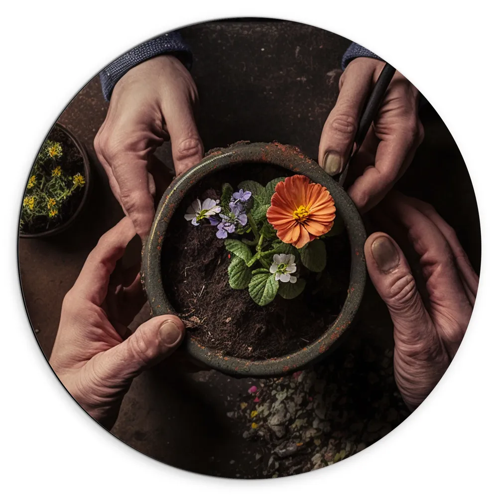 Dibond Muurcirkel - Bloemen - Bloempot - Potgrond - Handen