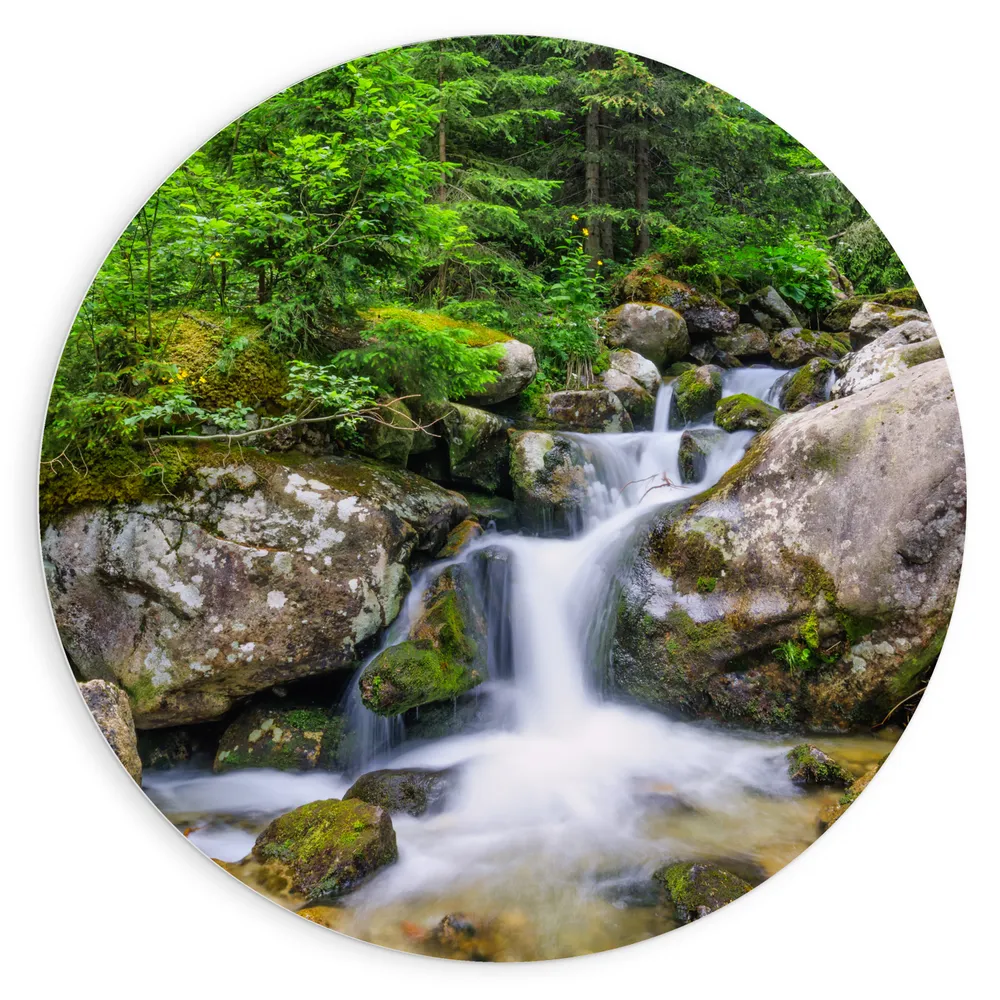 Dibond Muurcirkel - Mooie Waterval tussen Rotsen in het Bos
