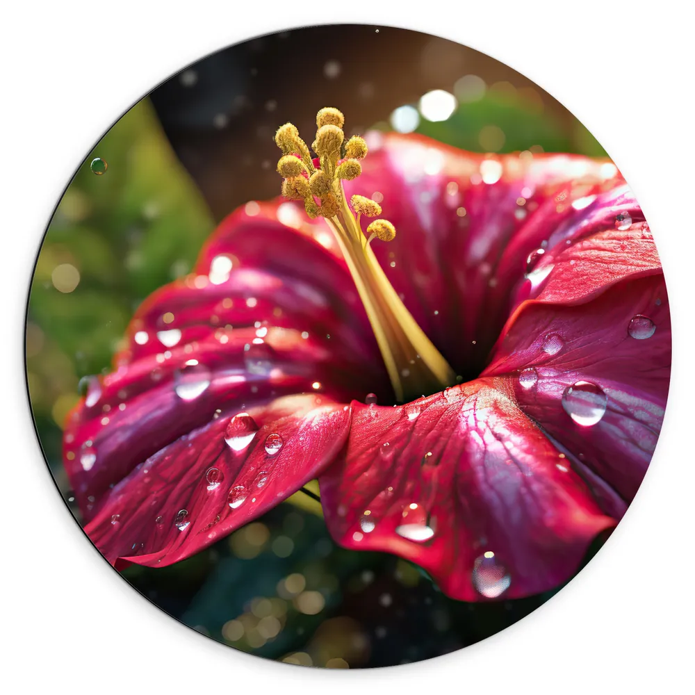 Dibond Muurcirkel - Bloem - Druppels - Roze