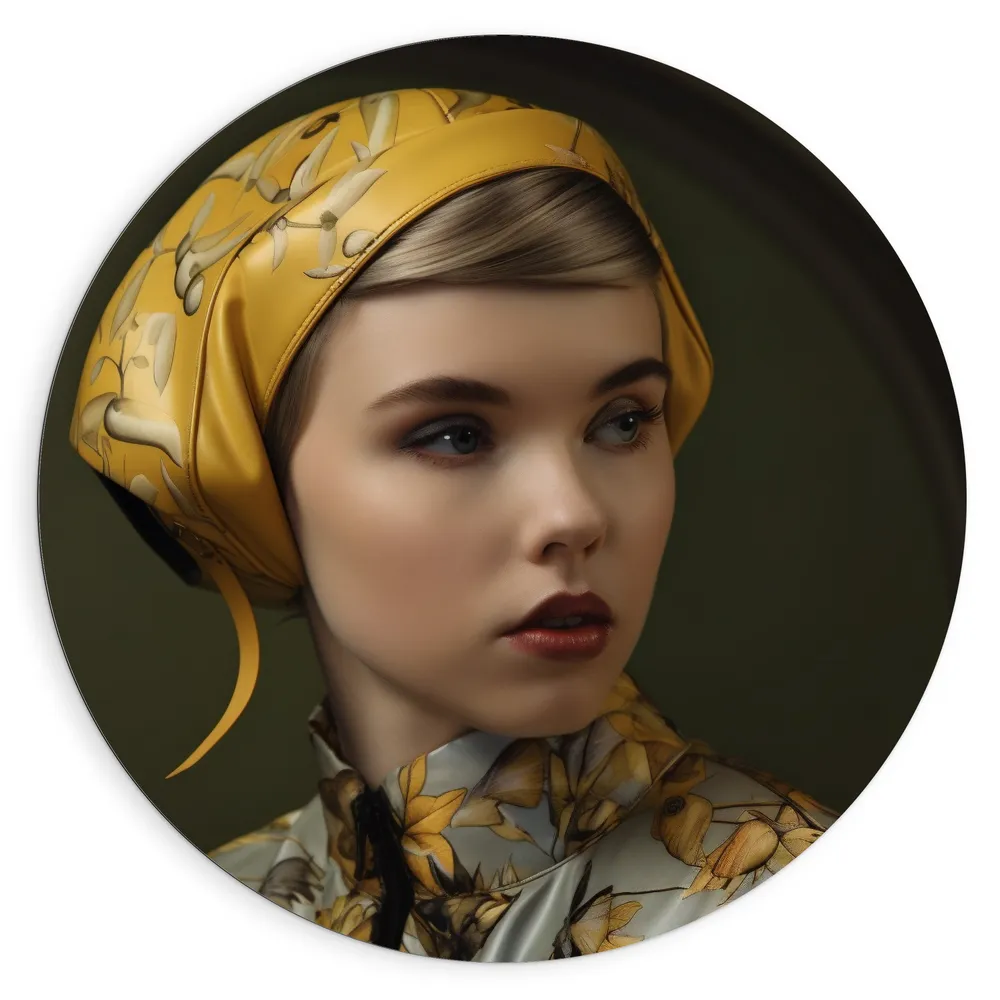 Dibond Muurcirkel - Vrouw - Gezicht - Model - Geel - Muts