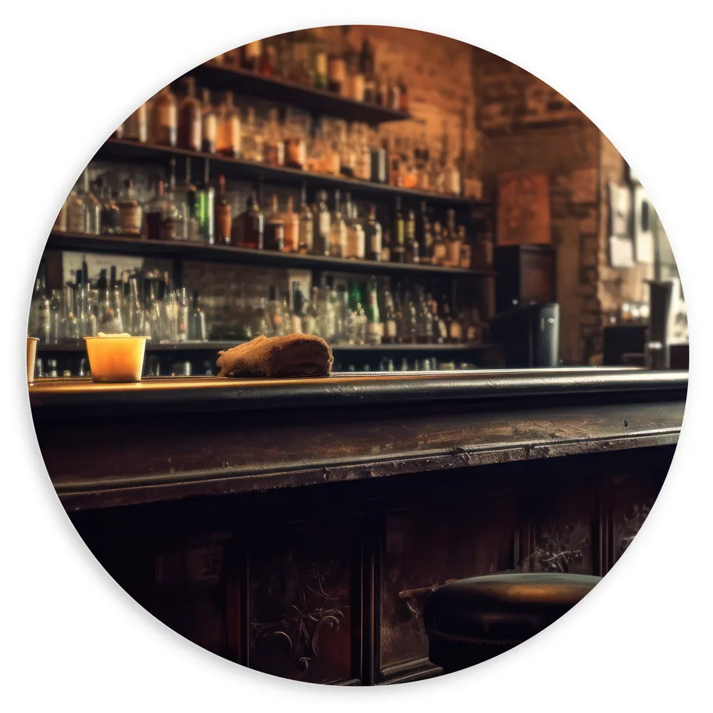 Dibond Muurcirkel - Kroeg - Bar - Drank - Barkrukken - Flessen