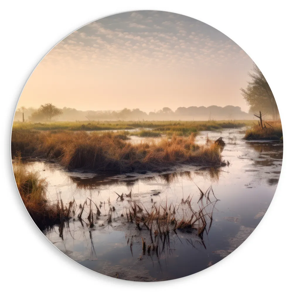 Dibond Muurcirkel - Landschap - Bomen - Mist - Water - Nat - Natuur