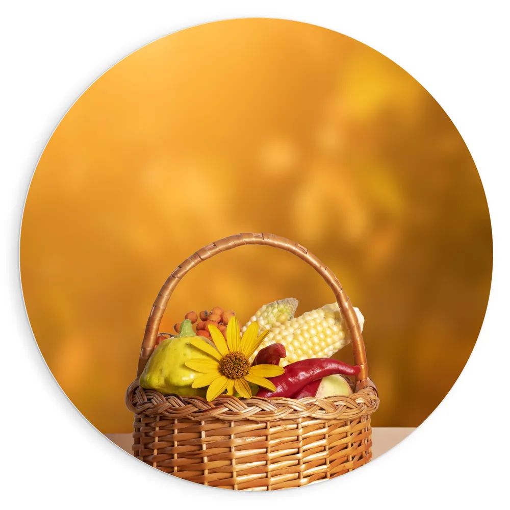 Dibond Muurcirkel - Rieten Mandje Vol Bloemen en Gewassen