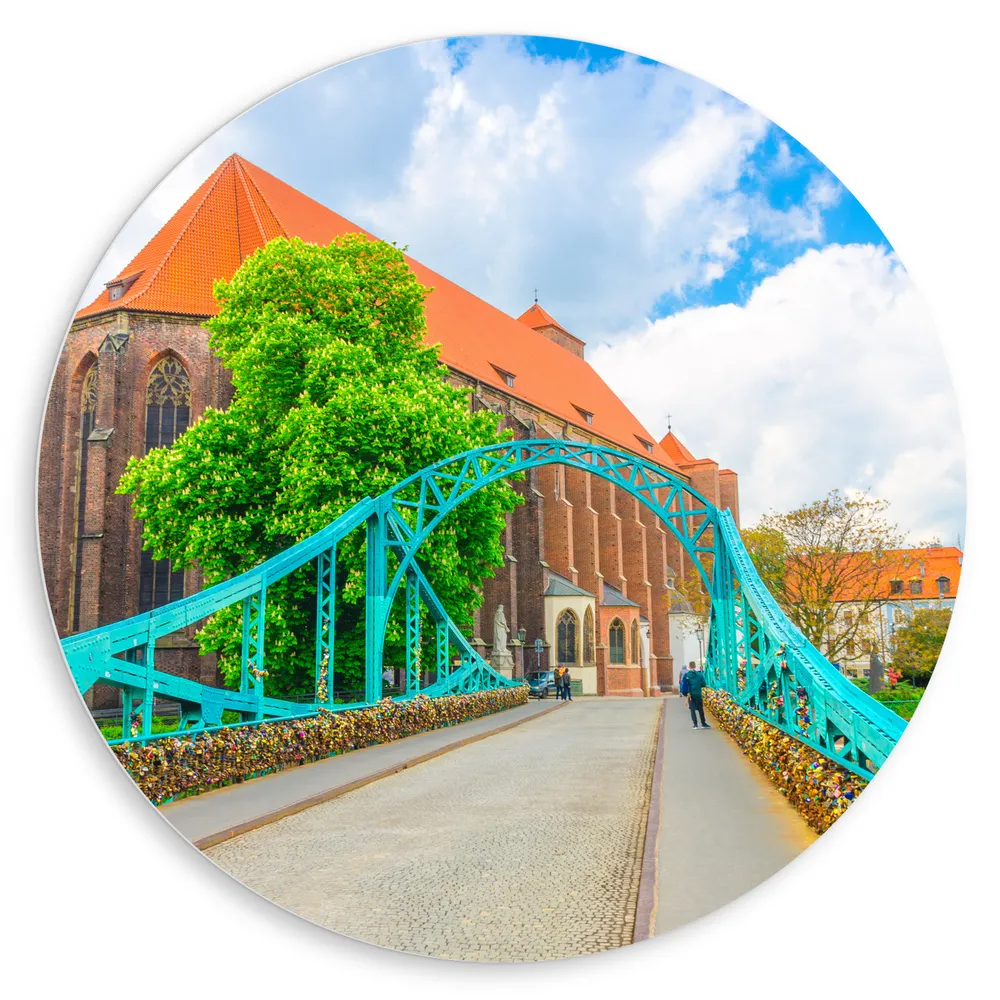 Dibond Muurcirkel - Tumski Brug naar Kerk in Wroclaw, Polen