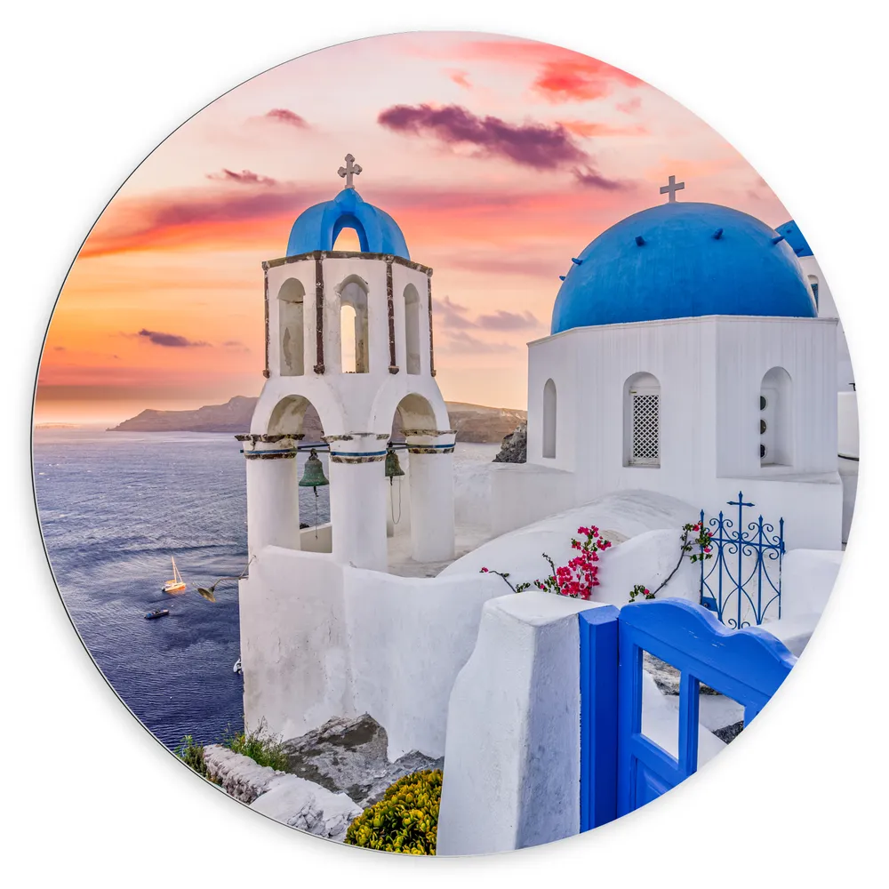 Dibond Muurcirkel - Traditionele Torentjes met Blauwe Details aan de Kust van Santorini