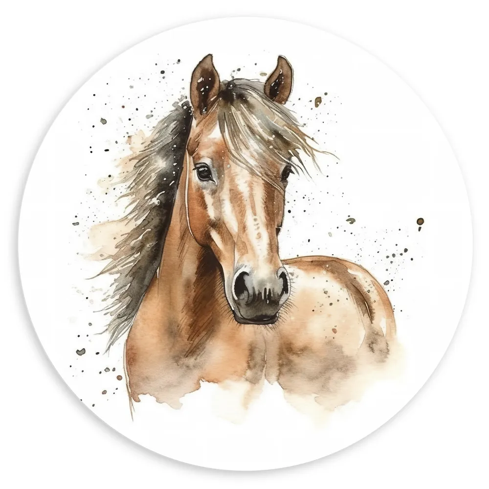 Dibond Muurcirkel - Acryl Tekening van Kop en Hals van Bruin Paard