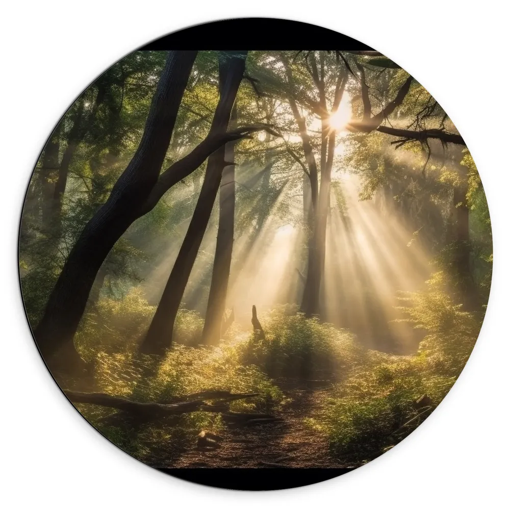 Dibond Muurcirkel - Bos - Planten - Bomen - Zonnestralen - Zon