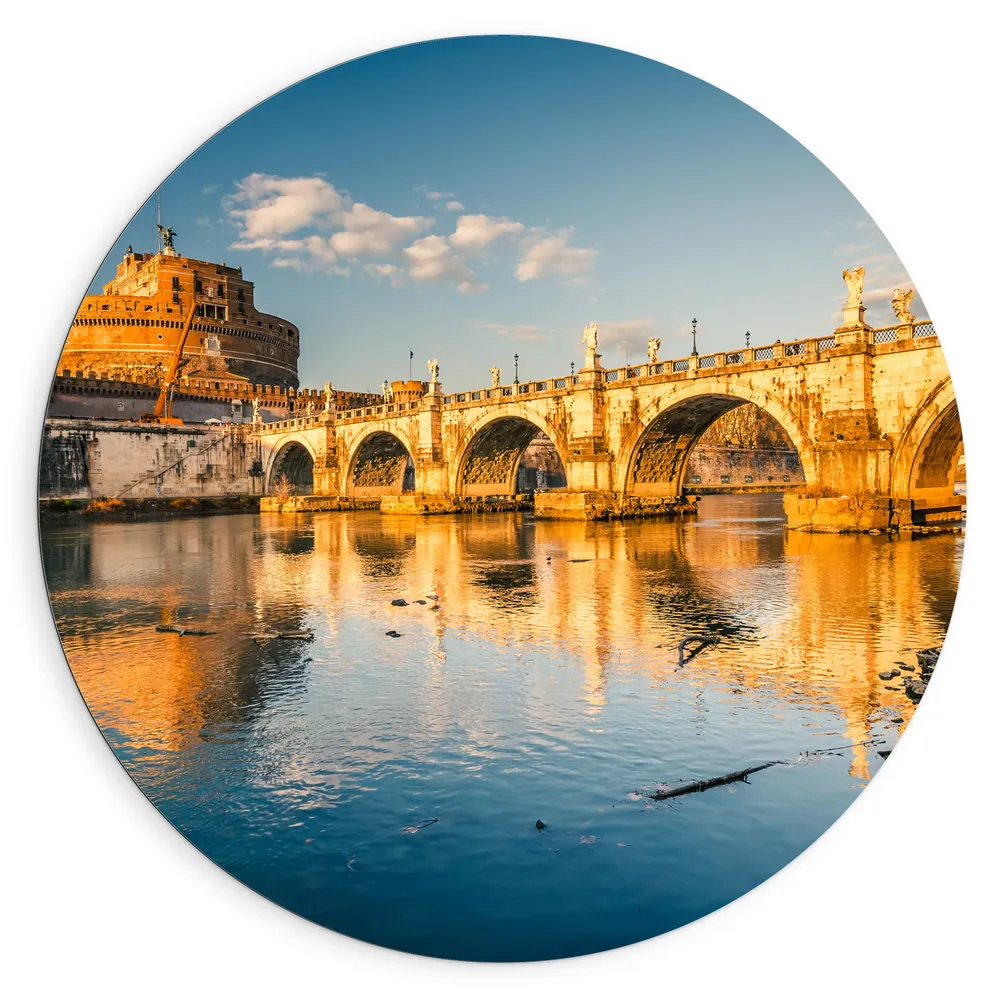 Dibond Muurcirkel - Zonsondergang bij Brug over Rivier in Rome