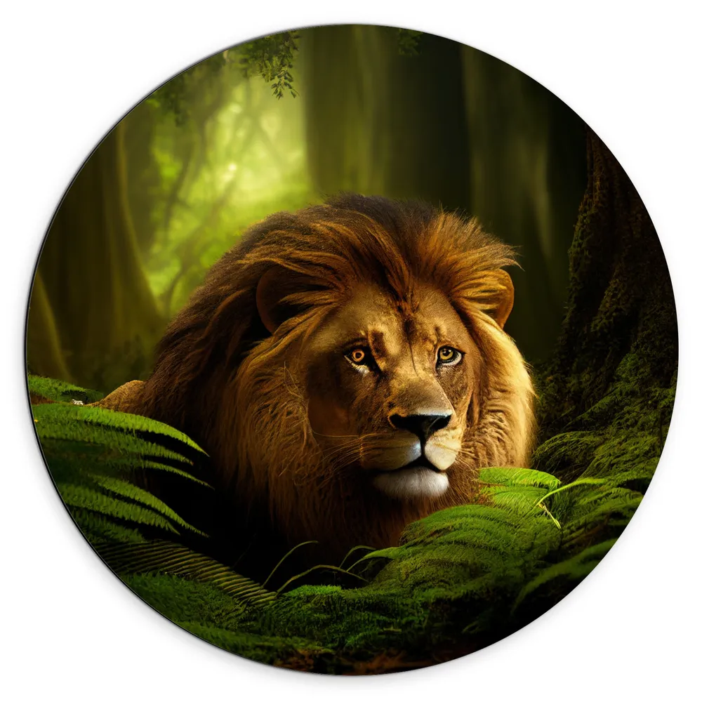 Dibond Muurcirkel - Leeuw tussen de Groene Bladeren in de Jungle