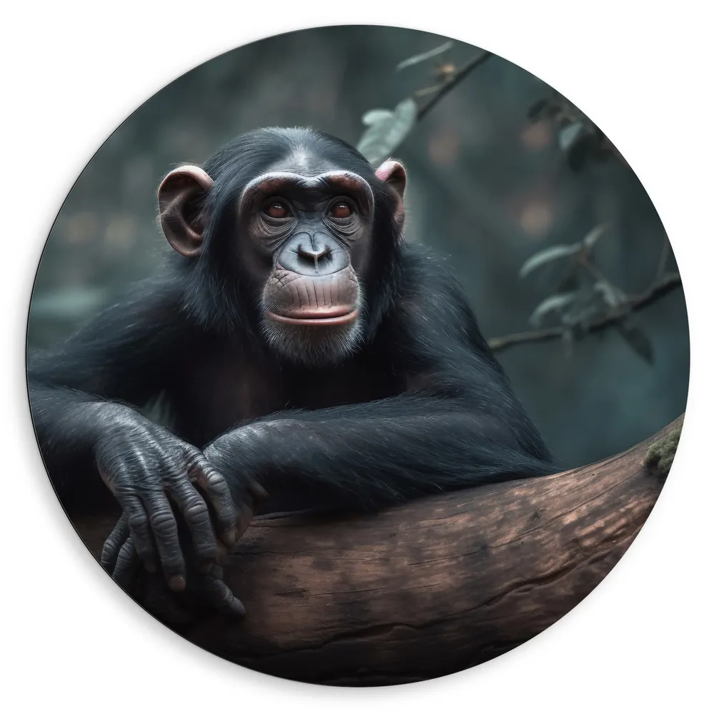 Dibond Muurcirkel - Chimpansee Aap Rustend op Dikke Boomstronkk