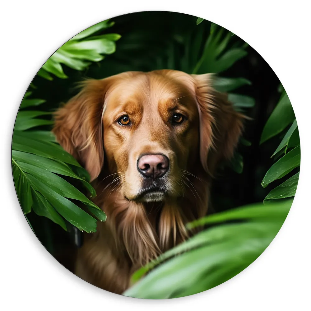 Dibond Muurcirkel - Close-up van Golden Retriever Hond tussen de Groene Palmbladeren