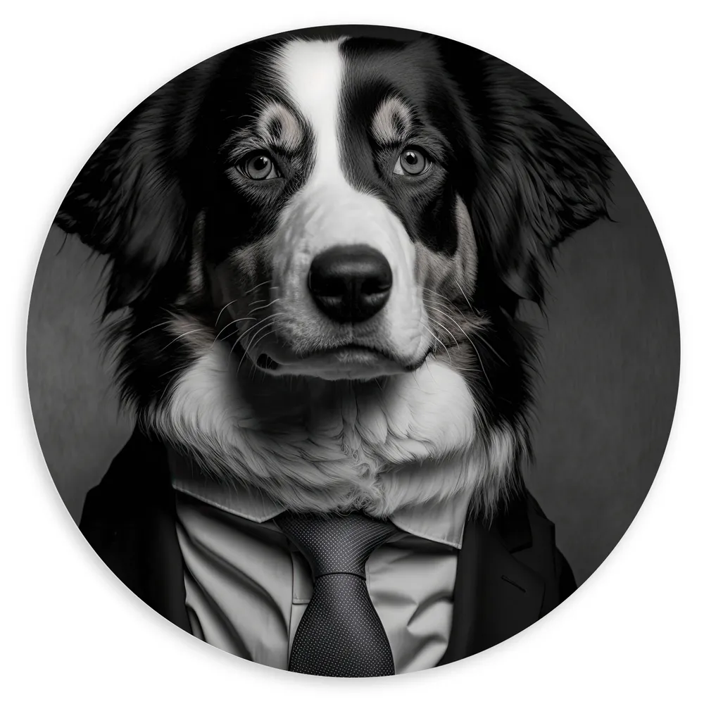 Dibond Muurcirkel - Berner Sennen Hond in Zakelijk Pak met Stropdas (Zwart- wit)