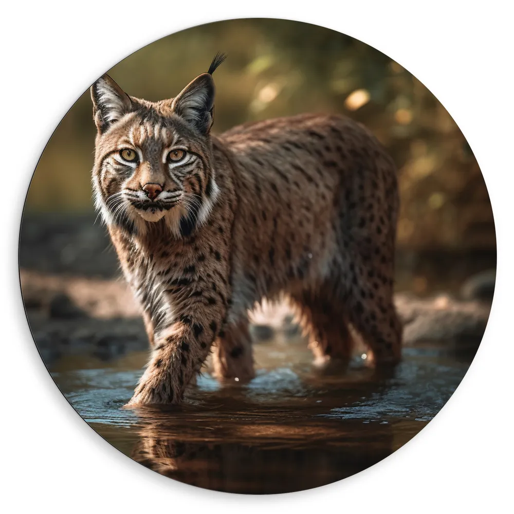 Dibond Muurcirkel - Lynx Lopend door Beekje in het Bos