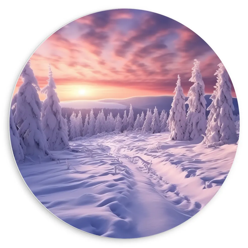 Dibond Muurcirkel - Bomen - Sneeuw - Bergen - Paars - Wit