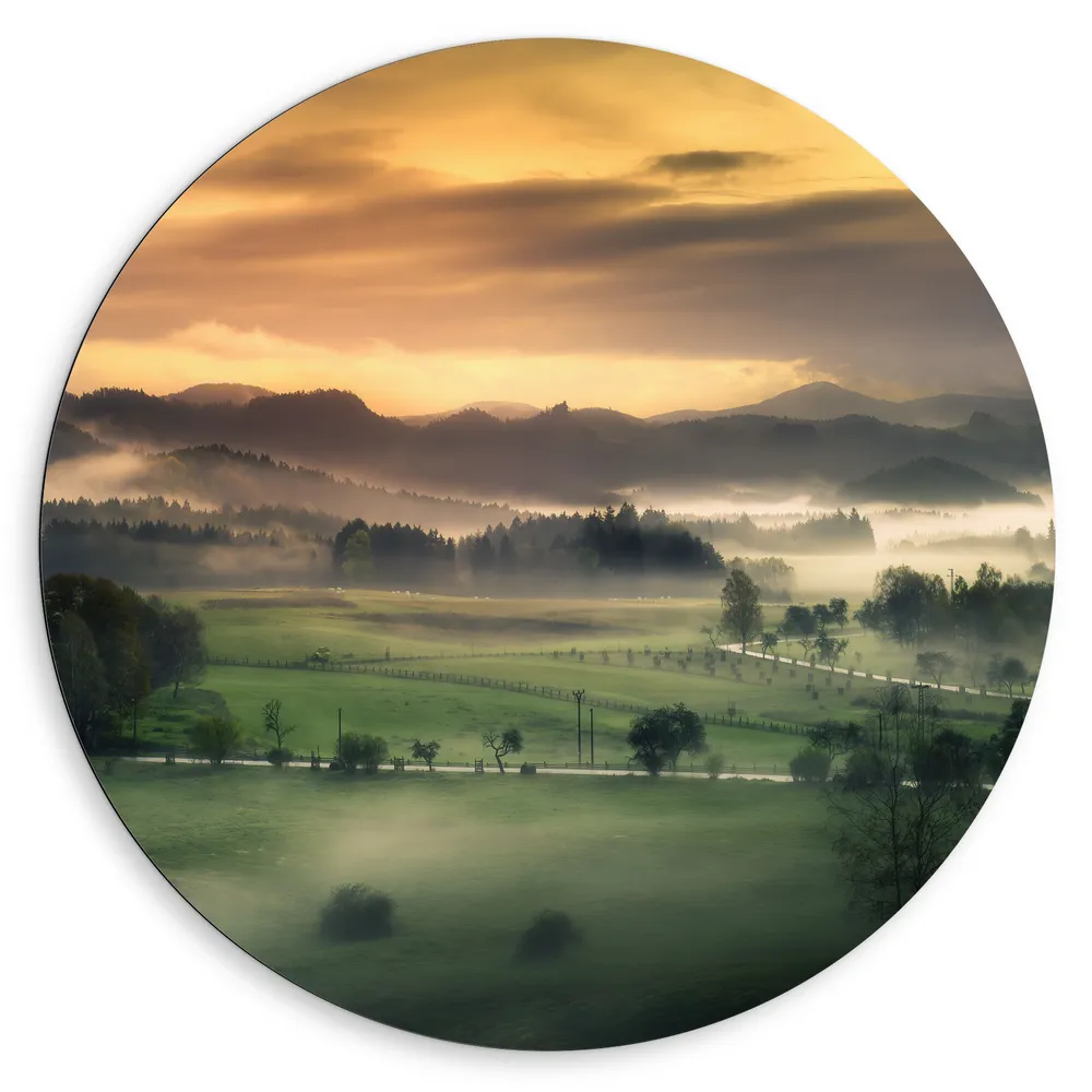 Dibond Muurcirkel - Landschap - Bomren - Mist - Bergen - Kleuren