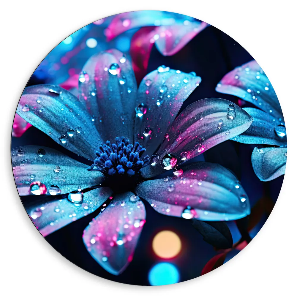 Dibond Muurcirkel - Bloemen - Druppels - Blauw - Roze