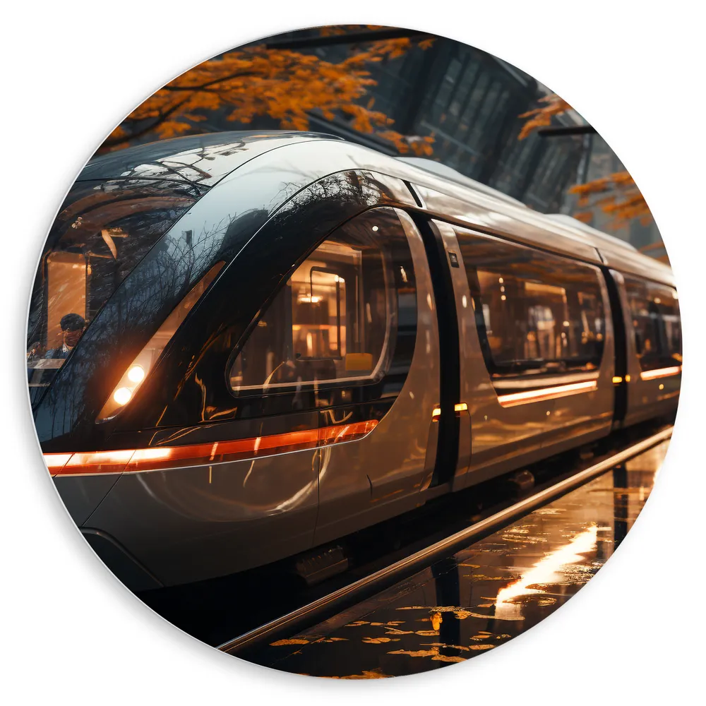 Dibond Muurcirkel - Trein - Voertuig - Stad - Mensen - Vervoer
