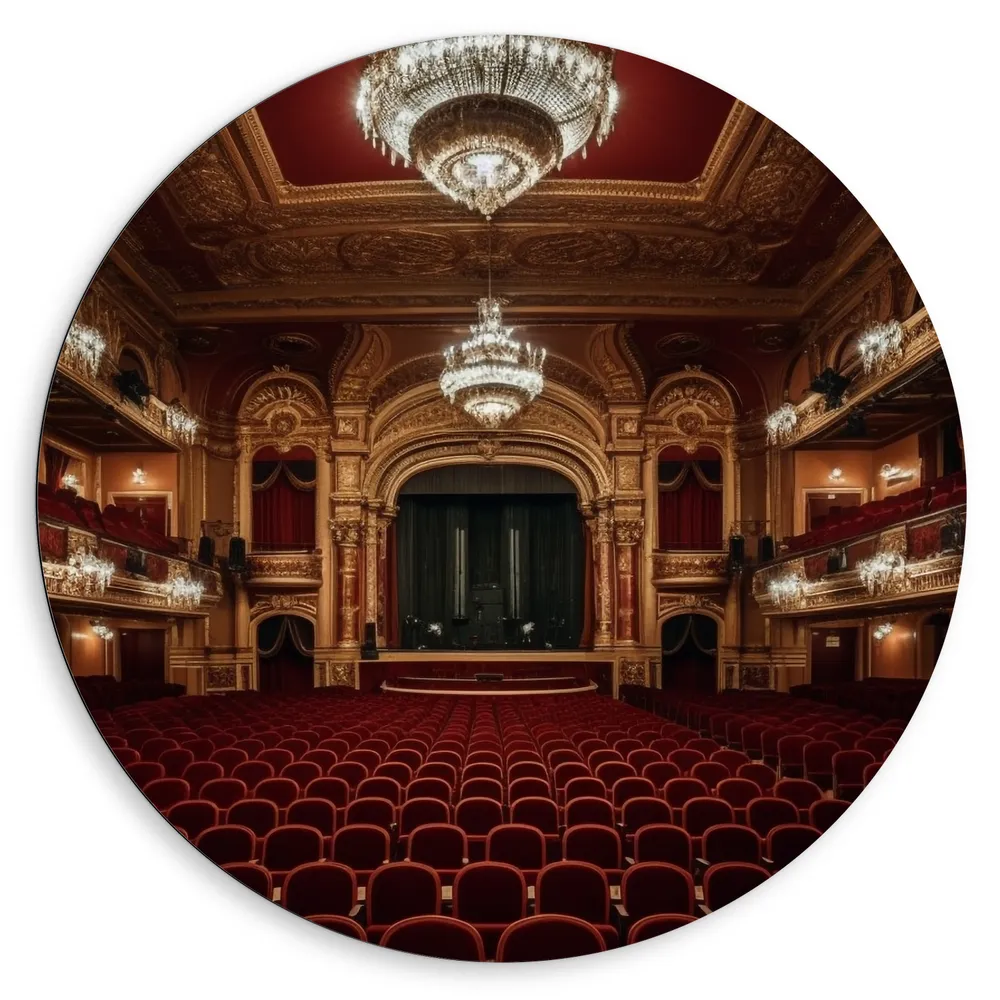 Dibond Muurcirkel - Zaal - Podium - Stoelen - Publiek - Lampen - Lichten