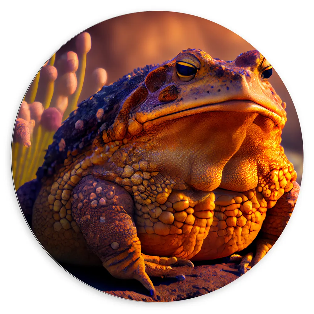 Dibond Muurcirkel - Tevreden Dikke Kikker bij Roze Bloemetjes