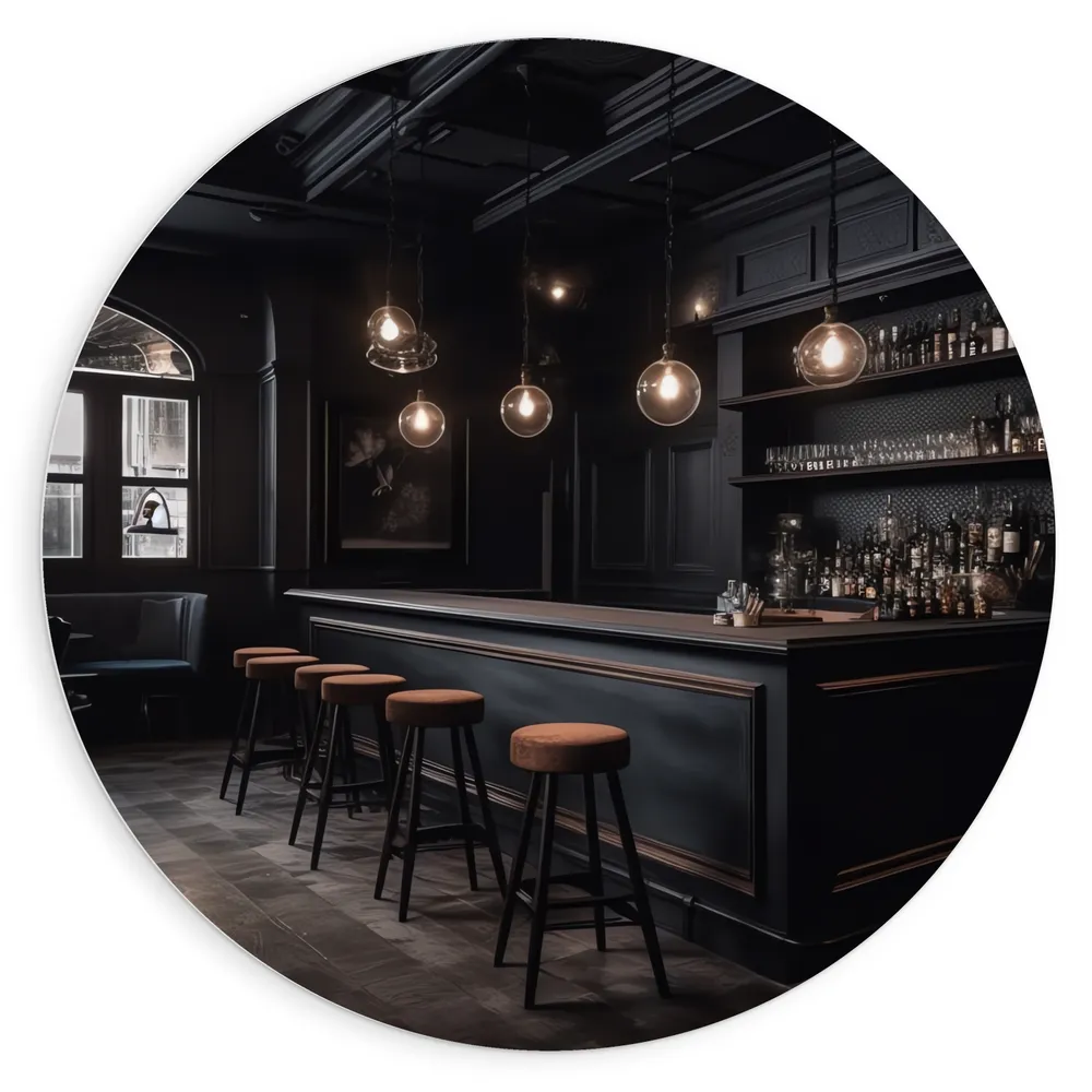 Dibond Muurcirkel - Bar - Krukken - Tafels - Stoelen - Planten - Drank - Flessen - Zwart