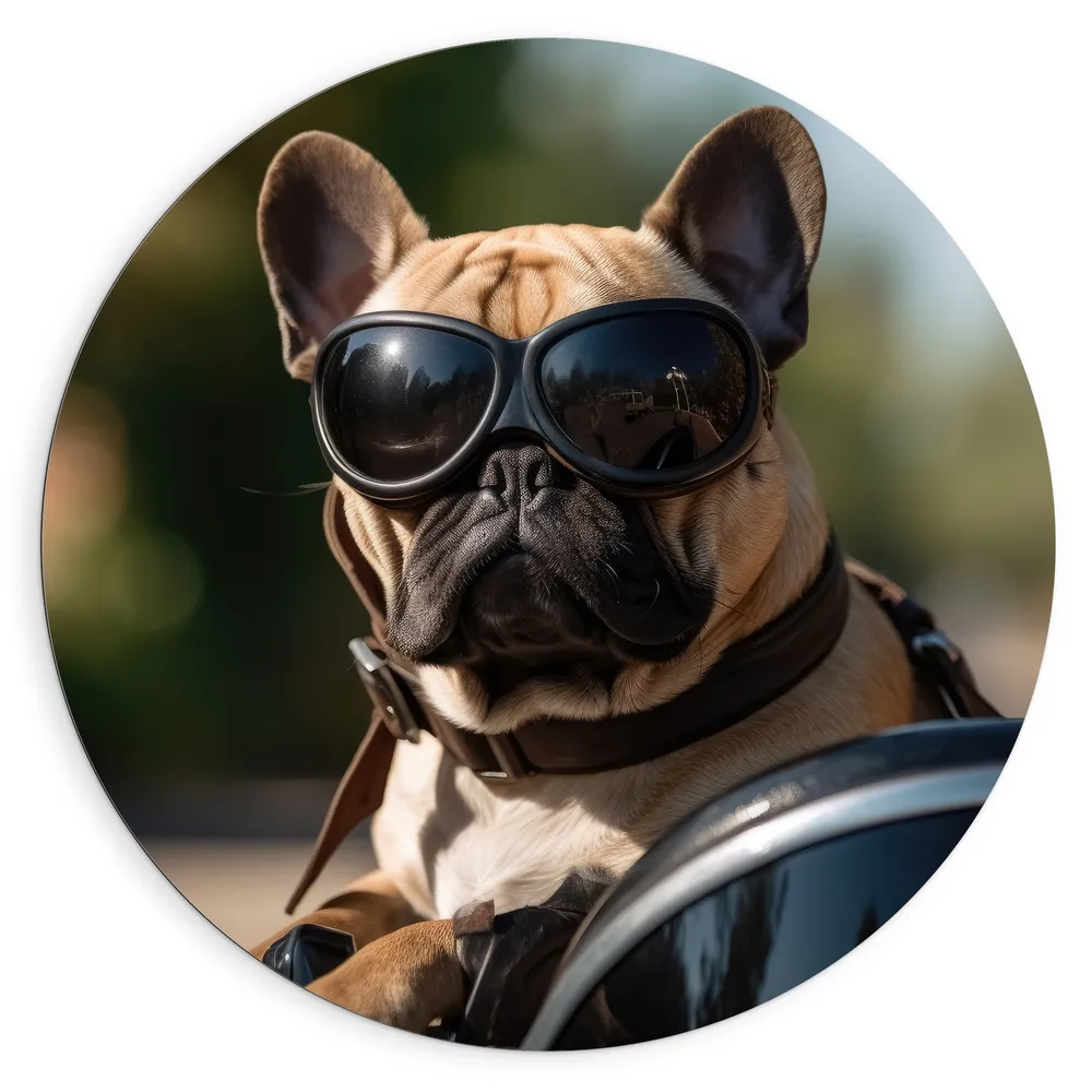 Dibond Muurcirkel - Bulldog Hond met Zonnebril Rijdend op Motor